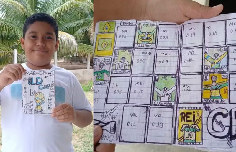 Sem dinheiro para comprar álbum da Copa, menino paraibano cria coleção à mão e emociona o Brasil