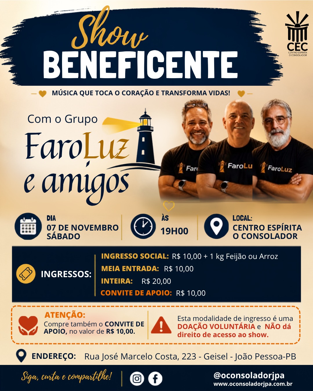 Show beneficente com Grupo FaroLuz será realizado em novembro, em João Pessoa